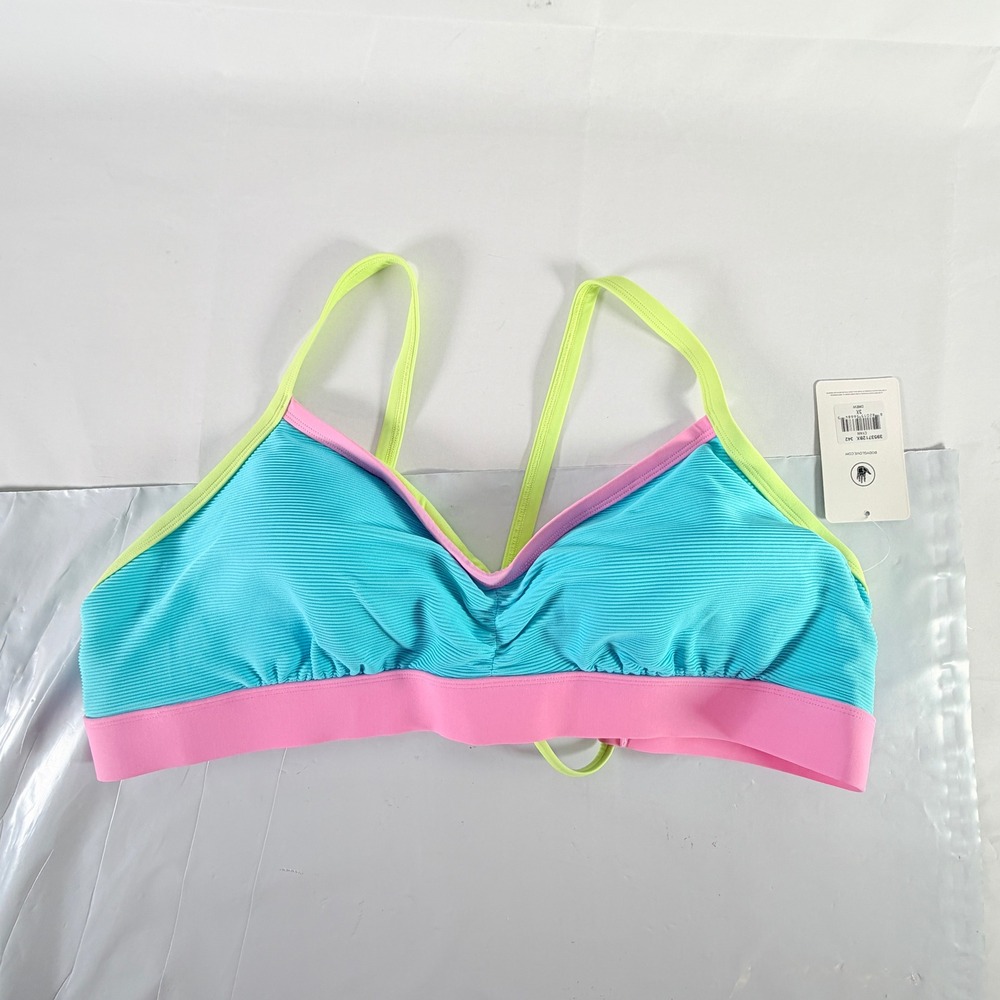 Body Glove Drew Ribbed Fixed Triangle Swim Bikini Top Cyan Blue Pink 3X New